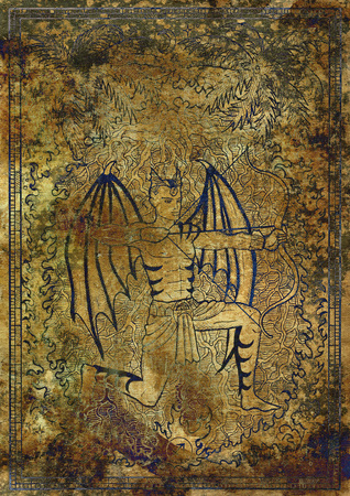 Zodiac sign Archer or Sagittarius on old fabric texture background. Hand drawn fantasy graphic illustration in frameの写真素材