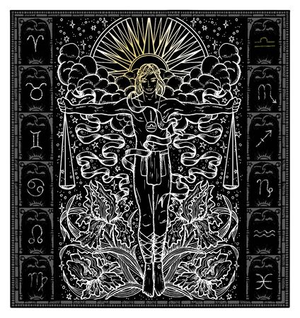 White silhouette of fantasy Zodiac sign Libra in gothic frame on black. Hand drawn engraved illustrationのイラスト素材