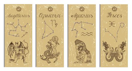 Set with Archer, Capricorn, Aquarius and Pisces Zodiac symbols banners on texture. Hand drawn graphic illustration. Template background, suitable for print, card, poster, bookmarkのイラスト素材