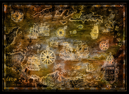 Treasure map of Caribbean Sea with pirate sailboats, compasses, islands on black. Decorative antique...