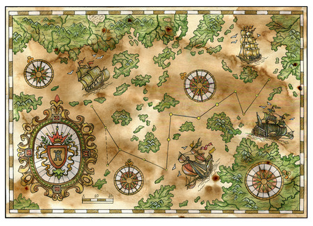 Antique pirate treasures map with old ships, islands, banner and compasses. Decorative ancient...