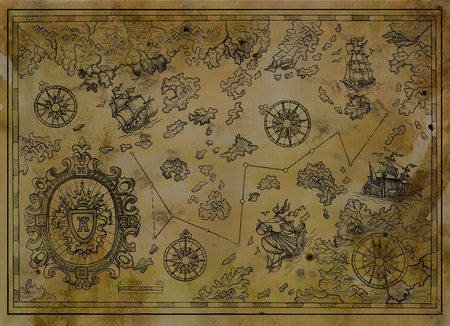 Antique map with baroque banner, compasses, old pirate ships on paper texture. Decorative antique...