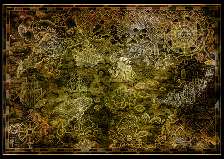 Beautiful map of fantasy lands with pirate ships, monsters, treasure islands, compass on black....