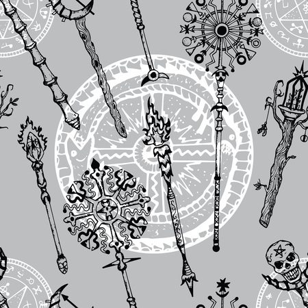 Seamless background with magic wands and mysterious dragon symbol. Hand drawn doodle engraved illustration with graphic drawingsのイラスト素材