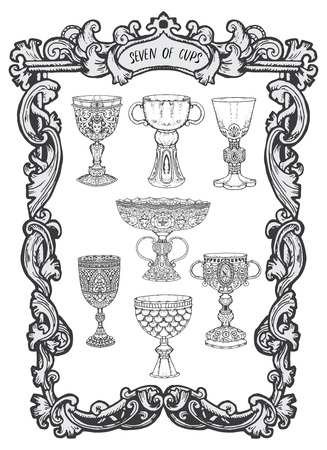 Seven of cups. Minor Arcana tarot card. The Magic Gate deck. Fantasy engraved vector illustration with occult mysterious symbols and esoteric conceptのイラスト素材
