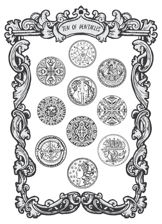 Ten of pentacles. Minor Arcana tarot card. The Magic Gate deck. Fantasy engraved vector illustration with occult mysterious symbols and esoteric conceptのイラスト素材
