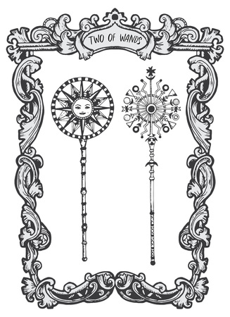 Two of wands. Minor Arcana tarot card. The Magic Gate deck. Fantasy engraved vector illustration with occult mysterious symbols and esoteric conceptのイラスト素材