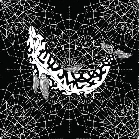 Seamless pattern with dolphin and white circles on black. Esoteric, occult and mysterious concept with sacred geometry elements, graphic vector illustrationのイラスト素材