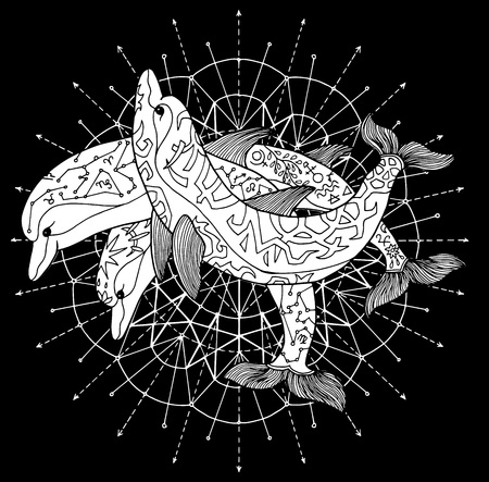 Three dolphins against white circle on black background. Esoteric, occult and mysterious concept with sacred geometry elements, graphic vector illustrationのイラスト素材