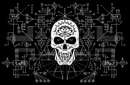 Evil skull against sacred black and white geometry background. Esoteric, occult and Halloween concept, mystic vector illustrations for music album, book cover, t-shirtsのイラスト素材