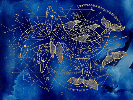 Three golden dolphins on blue background with geometric lines. Esoteric, occult, new age and wicca concept, fantasy illustration with mystic symbols and sacred geometryの写真素材