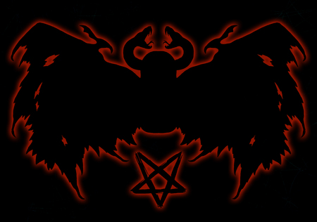 Red blurred silhouette with demon and pentagram on black. Esoteric, occult and Halloween concept,...