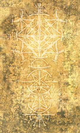 Back cover design of tarot card. Gothic pattern on old paper texture background. Esoteric, occult and Halloween concept, illustration with mystic symbolsの写真素材