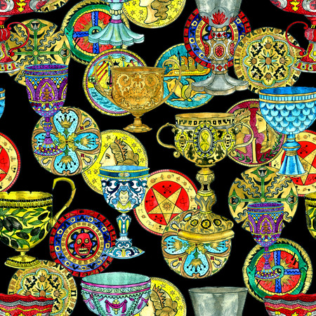 Seamless pattern with ancient goblets and medallions. Hand drawn doodle graphic illustration with fantasy and mystic objectsの写真素材