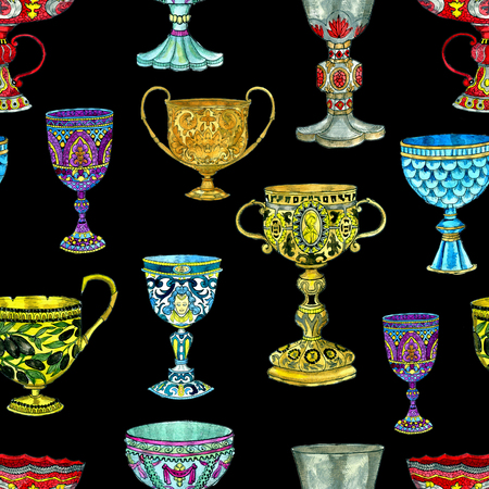 Seamless pattern with ancient cups and goblets on black. Hand drawn doodle graphic illustration with fantasy and mystic objectsの写真素材