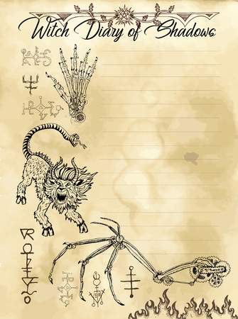 Witch diary page 6 of 31 with monsters, scary skeletons and evil symbols. Magic wiccan old book with occult illustration, mystic vector backgroundのイラスト素材