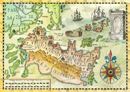 Vintage pirate map with fantasy land, old sailing ships, compass. Pirate adventures, treasure hunt and old transportation concept. Vector illustration, vintage backgroundのイラスト素材