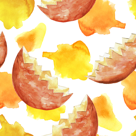 Seamless pattern with scrambled fried eggs and shell on white. Repeated background with hand drawn watercolor doodle illustrationの写真素材