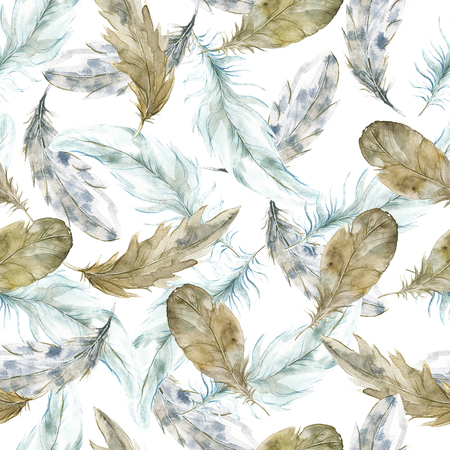 Seamless pattern with soft birds feathers on white. Repeated background with hand drawn watercolor doodle illustration.の写真素材