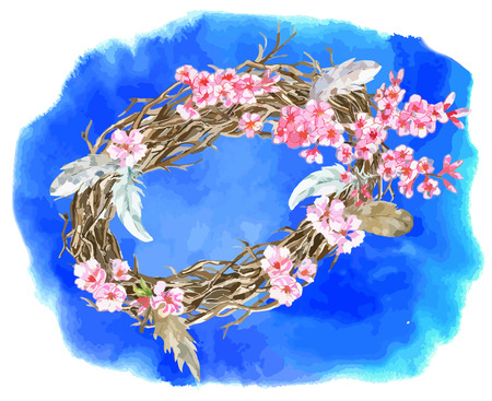 Greeting card with birdâs nest, feathers and cherry blooming flowers on blue. Vector spring illustration. Happy Easter! Design for greeting card, invitation, poster on textured backgroundのイラスト素材