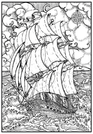 Old sailing ship under full sails against sea landscape and compass in frame. Vector nautical illustration, historical adventure concept, t-shirt graphic designのイラスト素材