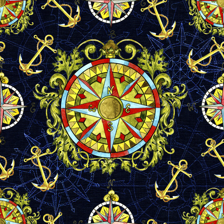 Seamless pattern with victorian decorated nautical compass, anchor on blue. Graphic nautical illustration, historical adventure concept, vintage transportation backgroundの写真素材