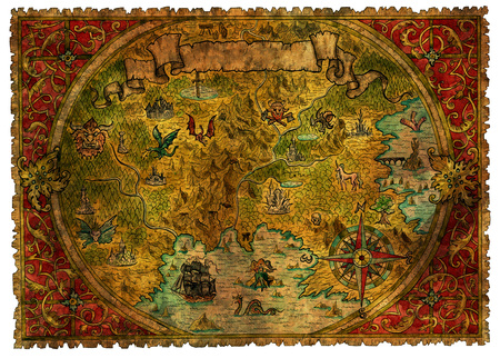 Ancient pirate map of treasures with dragons. Hand drawn graphic illustration of world atlas with...