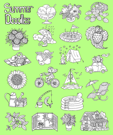 Design set with summer icon drawings of gardening, camping objects, cottage house, flowers. Vector collection with hand drawn graphic doodles and silhouettes isolated.のイラスト素材