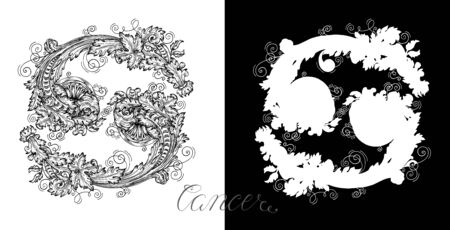 Cancer or crab Zodiac Sign with victorian baroque patterns. Collection of astrological symbols. Design Set with vector hand drawn illustrations for Horoscope, Esoteric and Mystic backgroundのイラスト素材