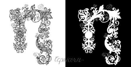 Capricorn or Goat Zodiac Sign with victorian baroque patterns. Collection of astrological symbols. Design Set with vector hand drawn illustrations for Horoscope, Esoteric and Mystic backgroundのイラスト素材