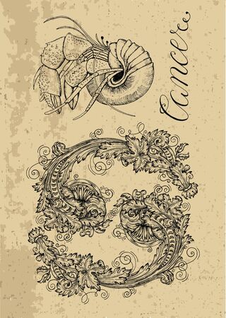 Cancer Zodiac Sign and fantasy mascot on texture. Collection of characters and astrological symbols in victorian style. Vector line art illustration for Horoscope, Esoteric and Mystic designのイラスト素材