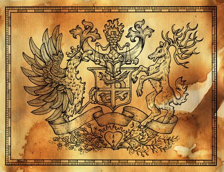 Heraldic drawing with deer and rooster bird on texture background. Hand drawn engraved illustration with mythology and fantasy creatures, medieval coat of armsの写真素材