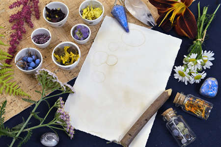 Mystic still life with old paper with blankm ingredient for elixir and herbs on witch table, alternative medicine conept. Esoteric, gothic and occult background with magic objects and herbs.の写真素材