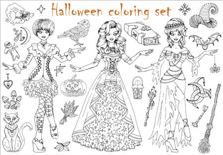 Halloween coloring set with beautiful witch girls in costumes, mystic animals and scary objects. Hand drawn vector illustration for coloring. Doodle black and white clip art collectionのイラスト素材