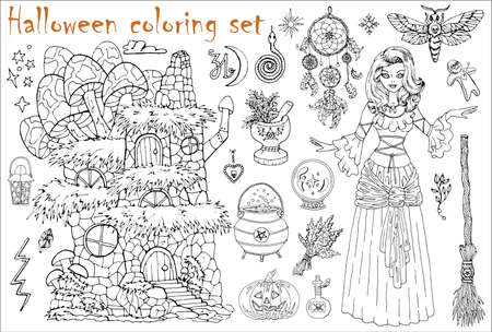 Halloween coloring set with beautiful witch girl, house, moth, broom and dreamcatcher isolated on white. Hand drawn vector illustration for coloring. Doodle black and white clip art collectionのイラスト素材