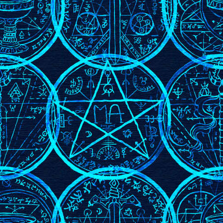 Seamless pattern with magic seal, fantasy symbols and pentagram on blue. Mystic background for Halloween, esoteric, gothic and occult conceptの写真素材