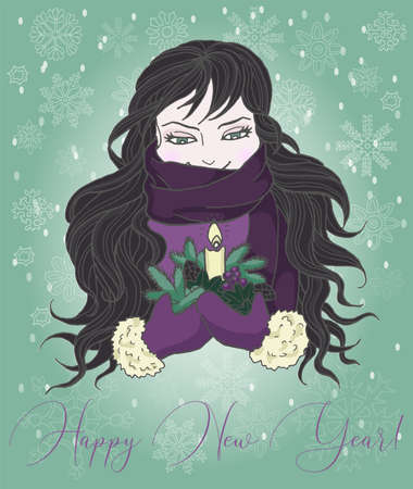 Christmas and New Year greeting card with happy girl holding candle and conifer branches. Vector hand drawn doodle illustration, seasonal background, design element for banners, invitationsのイラスト素材