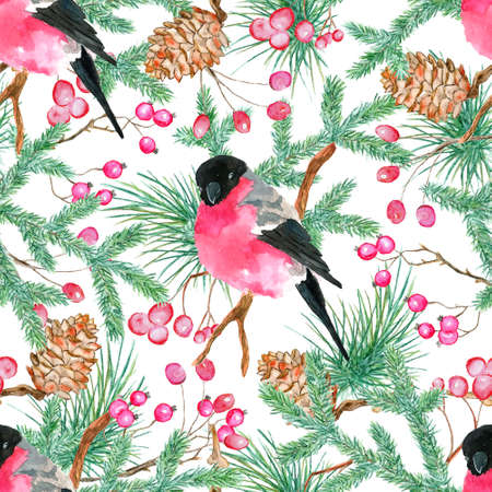 Christmas and New Year seamless pattern with snowbird sitting on pine branch with cones and berry on...
