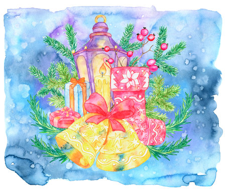 Christmas and New Year greeting card with lantern, candle, bell and traditional objects against blue painted background. Hand drawn vintage watercolor illustration.の写真素材
