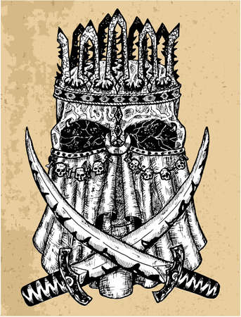 Textured illustration of scary skull of king in crown and mask with two swords. Mystic background for Halloween, esoteric, gothic, occult conceptのイラスト素材