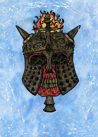 Grunge watercolor illustration of creepy skull as a knight in helm against blue background. Mystic drawing for Halloween with esoteric, gothic, occult conceptの写真素材