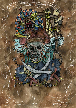 Grunge watercolor illustration of creepy skull of hanged pirate with nautical symbols. Mystic drawing for Halloween with esoteric, gothic, occult conceptの写真素材