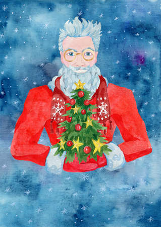 Christmas greeting card with handsome old man hipster wearing Santa Claus costume holding decorated conifer tree. Cool new year gentleman. Watercolor illustration with winter holidays conceptの写真素材