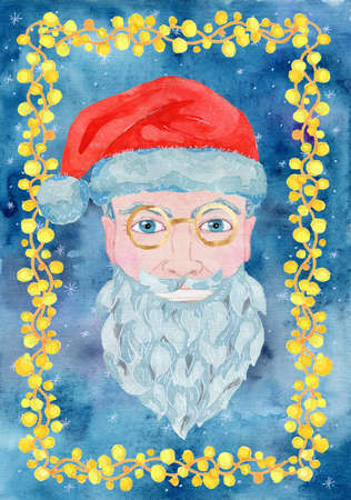 Christmas greeting card with handsome old man wearing Santa Claus hat against snow abstract background and garland of lights. Cool new year gentleman. Watercolor illustration with winter holidays conceptの写真素材