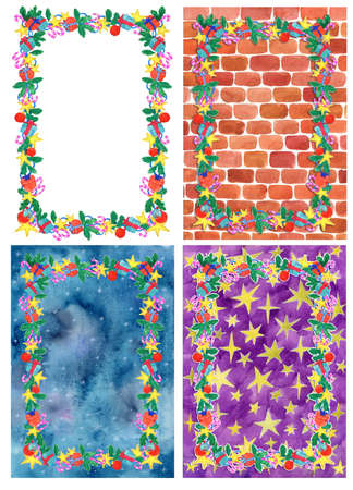 Design set of watercolor frame of decorations and gifts and brick stone wall, stars and abstract snow background.  Winter holidays conceptの写真素材