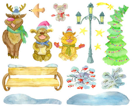 Design set with winter animals in warm scarfs, decorated fir-tree, lantern, bench and shrubs in snow isolated on white.  Watercolor illustrations. Winter Christmas and New Year holiday conceptの写真素材