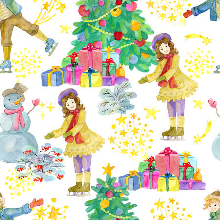 Seamless patterns with skating boy and girl, decorated conifer and snowman on white background. Watercolor illustrations. Winter Christmas and New Year holiday conceptの写真素材
