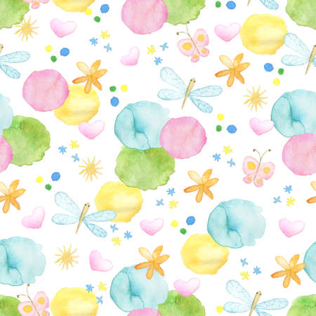 Design set with abstract watercolor blots, flowers and dragonfly, illustration for kids conceptの写真素材