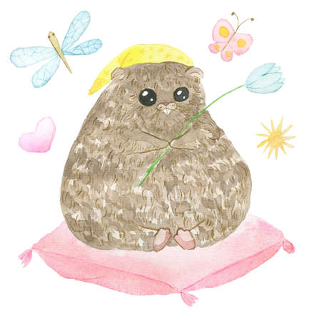 Design set with adorable kawaii woodchuck animal, grass and butterfly isolated on white, watercolor illustration for Happy Groundhog Day greeting card, welcome spring conceptの写真素材