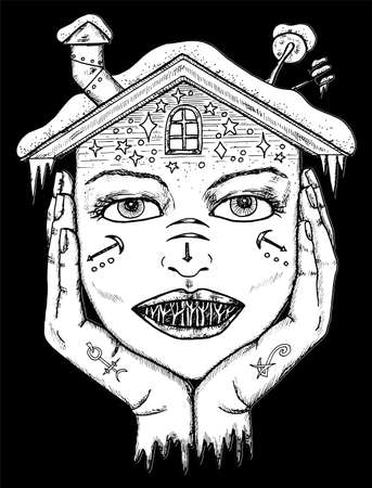 Scary Fantasy Witch face or portrait line art illustration with mystic, esoteric and occut symbols, scandinavian style, Halloween conceptのイラスト素材